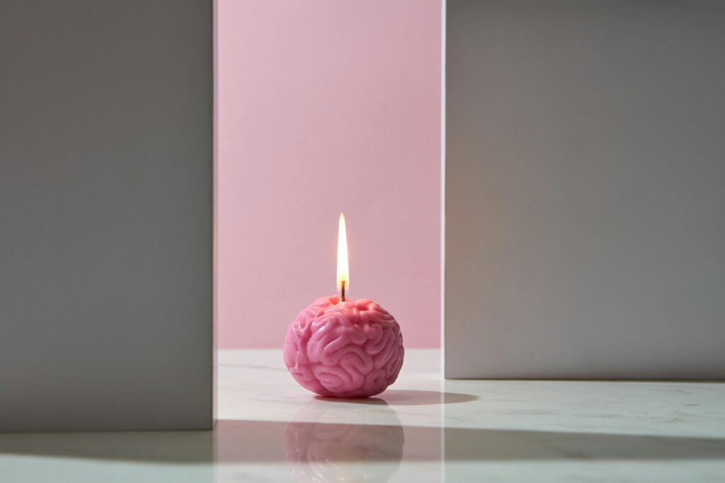 A unique brain-shaped candle lit in a minimalist indoor setting with a modern aesthetic.